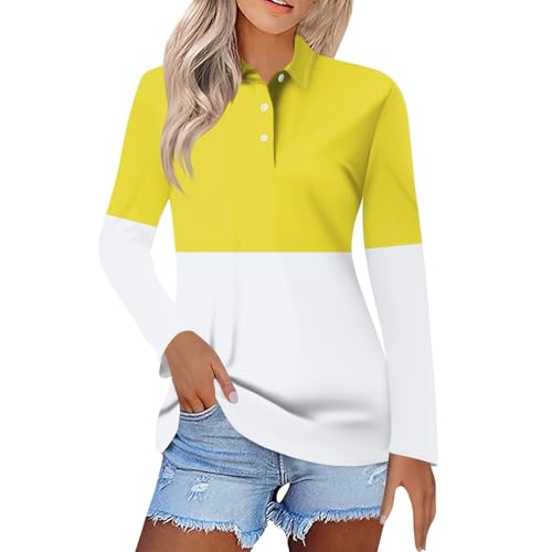 Meine Bestellungen Anzeigen, Pullover Damen Longshirt Damen Farbblock Button Down Revers Langarm Polo Shirts Locker Casual Golf Tennis Polohemd Damen Pullover Sommer Hemdbluse Damen Langarm(Gelb,L) von LUNULE