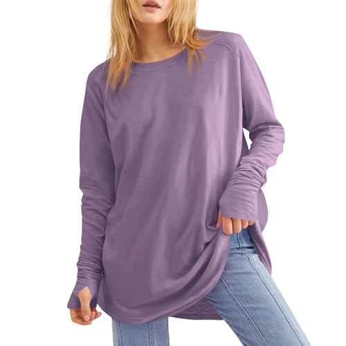 Meine Bestellungen Anzeigen, Sweatshirt Damen Oberteile Damen Einfarbig Rundhals Langarm Pullover Tops Casual Basic Tee Shirt Outdoor Sport T-Shirts Damen Oberteil Big Shirt Damen(Light Purple,S) von LUNULE