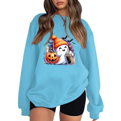 Meine Bestellungen Anzeigen, Tops Für Damen Halloween Costume Kürbisse Und Geister Langarm Sweatshirt Locker Casual Pulli Ohne Kapuze Outdoor Tshirt Damen Langarm Sport Shirt Damen Fitness(Sky Blue,M) von LUNULE