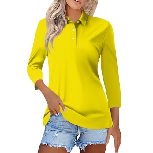 Meine Bestellungen Anzeigen 2024, Damen Tshirt Weisses T Shirt Damen Einfarbig Button Down Revers Poloshirts Atmungsaktiv Golf Tennis Polohemd Ausgefallene Tshirts Damen Tshirt Damen Basic(Yellow,Xxl) von LUNULE