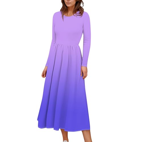 Meine Bestellungen Anzeigen 2024, Kleid Winter Damen Festliche Kleider Für Damen Einfarbig Rundhals Langarm Kleid Vintage Swing A-Linie Abendkleid Casual Ballkleid Kleid Schwarz (Light Purple,3XL) von LUNULE