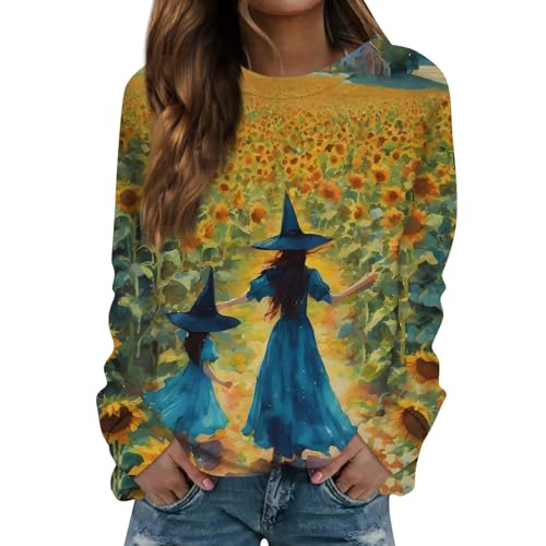 Meine Bestellungen Anzeigen 2024, Pullover Für Damen Halloween Kostüm Damen Engel Vintage Hexe Bedruckte Rundhals Langarm Sweatshirt Ohne Kapuze Leicht Casual Fleecepullover Damen (Yellow,L) von LUNULE