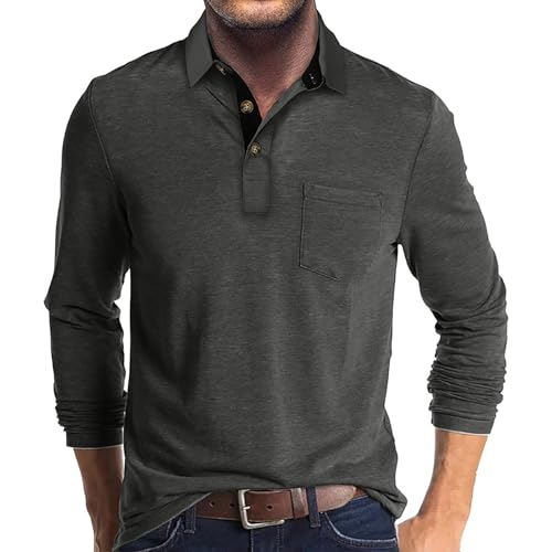 Meine Bestellungen Anzeigen 2024, Shirt Langarm Herren Henley Shirt Herren Einfarbig Button Down Revers Polo Shirt Mit Tasche Casual Businesshemd Regular Fit Freizeithemd Herren Fitness Herren(Gray,L) von LUNULE