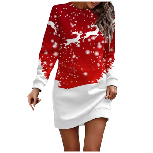 Meine Bestellungen Anzeigen 2024, Weihnachtspulli Damen Weihnachtskleid Damen Weihnachten Druck Rundhals Pullover Kleid Casual Wickelkleid Freizeitkleid Kleider Damen Herbst Winter (Deep Red,M) von LUNULE