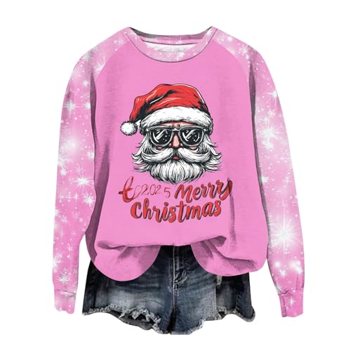 Meine Bestellungen Anzeigen 2024, Weihnachtspullover Lustig Sweatshirt Damen Lustige Weihnachtsmann Druck Sweatshirt Rundhals Langarm Pullover Ohne Kapuze Xmas Pullover Damen (Pink,XL) von LUNULE