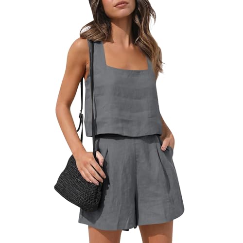 Musselin Set Damen, Leinen Zweiteiler Damen Zweiteiler Damen Elegant Festlich Baumwolle Leinen Tank Top Und Shorts Kurz 2 Teilig Loungewear Set Damen Sportanzug (Gray,L) von LUNULE