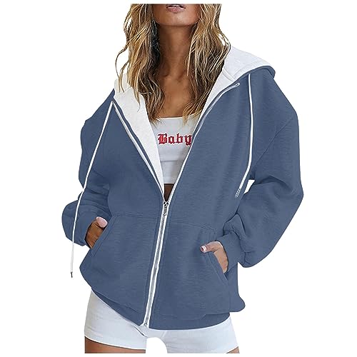 Outlet Angebote, Hoodie Damen Damen Sweatjacke Einfarbig Full Zip Sweatshirt Jacke Mit Kapuze Casual Leicht Langarm Kapuzenjacke Sweatjacke Damen Ohne Kapuze Damen Jacken(Royal Blue,XL) von LUNULE