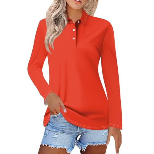 Outlet Angebote, Sweatshirt Damen Oversized Damen Pullover Einfarbig Button Down Revers Langarm Polo Shirts Casual Golf Tennis Polohemd Lustige Tshirts Damen T Shirt Teenager Mädchen(Vermilion,S) von LUNULE