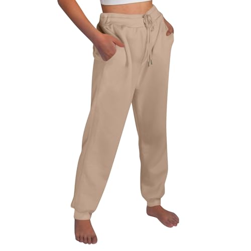 Outlet Angebote, Trekkinghose Damen Plissee Hose Damen Einfarbig Sporthose Mit Kordelzug High Waist Basic Sweatpants Fitness Laufhosen Outdoor Lockere Hosen Damen Leinen Hose Damen(Khaki,XL) von LUNULE