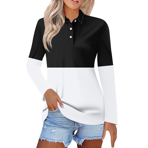 Outlet Angebote, Tshirt Damen Oversize Sommer Pullover Damen Farbblock Button Down Revers Langarm Polo Shirts Locker Casual Golf Tennis Polohemd Damen Blusen Women's T-Shirts(Schwarz,3XL) von LUNULE