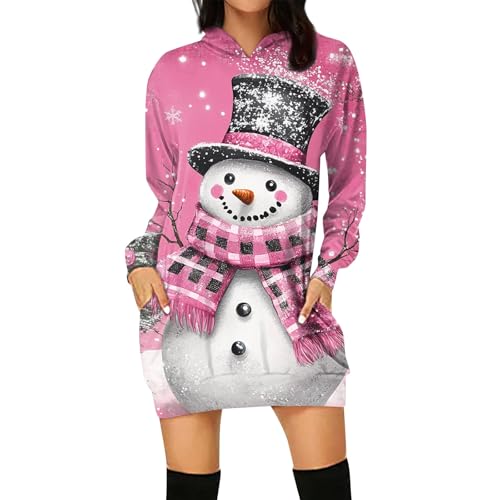 Oversize Pullover Damen, Angebote Tages Blitzangebote Heute Schneemann Druck Hoodie Kleid Elegant Langarm Weihnachtskleid Mit Taschen Lustig Weihnachts Sweatkleid Damen Weihnachts (Rosa,S) von LUNULE