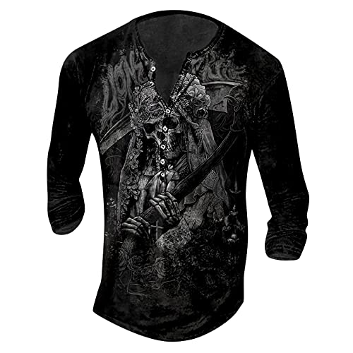 Pullover Herren Langarmshirts Für Herren Shirt Langarm Herren Retro Totenkopf Drucken Henley Shirt V-Ausschnitt Freizeithemd Gotisch Lustig 3D Druck Sweatshirt Mit Knöpfe Kaffee XL von LUNULE