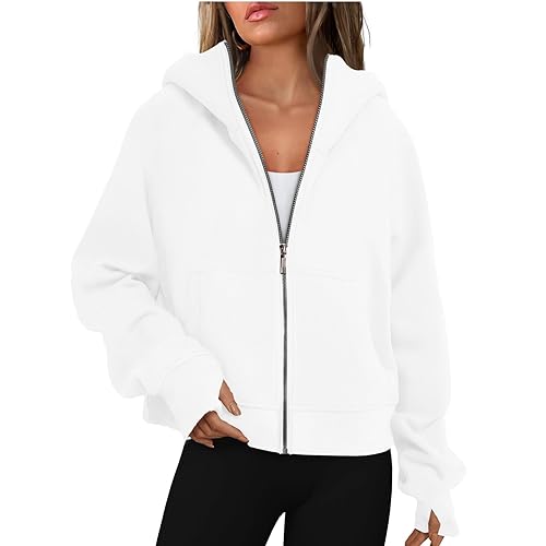 Retourenkauf Angebote, Damen Sweatjacke Oversize Pullover Damen Einfarbig Full Zip Sweatjacke Mit Tasche Casual Locker Sweatshirt Jacke Kapuzenpullover Dünne Sommerjacke Damen (Weiß,XXL) von LUNULE