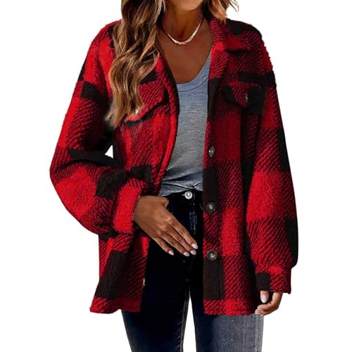 Retourenkauf Angebote, Jacke Damen Sommer Trachtenjacke Damen Kariert Muster Plüsch Coat Mit Knöpfen Casual Langarm Übergangsjacke Warm Fleece Outwear Leichte Jacke Damen Sweatjacke Für Damen(Rot,4XL) von LUNULE