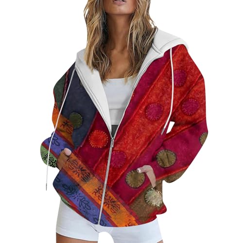 Retourenkauf Angebote, Sommerjacke Damen Leicht Oversize Pullover Damen Vintage Druck Langarm Sweatshirt Jacke Mit Kapuze Damen Zipper Hoodie Kapuzenjacke Laufjacke Damen Wasserdicht (Rot,L) von LUNULE