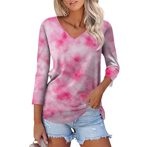 Sale Angebote, Tunika Damen Sommer Tops Für Damen 3D Druck V-Ausschnitt 3/4 Ärmel Tshirt Leicht Casual Tee Shirt Oberteile Tunika Shirts Damen Oberteil Damen Sommer(Hot Pink,S) von LUNULE