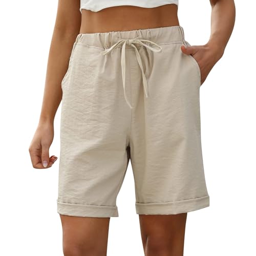 Sommerhosen Damen, Sommerhosen Damen Leicht Und Luftig Weite Hose Damen Baumwolle Leinen Shorts Frauen Elastischer Bund Sporthose Leinenhose Damen Kurz Sommer Angebote(Beige,S) von LUNULE