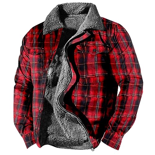 Strickjacke Herren Outdoor Jacken Für Männer Wasserdicht Regenjacken Für Herren Wasserdicht Herbst Winter Warm Plaid Fleece Holzfällerhemd Mit Kapuze Lässige Outdoor Kariertes Windbreaker (Red, 3Xl) von LUNULE