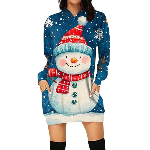 Strickpullover Damen, Angebote des Tages Heute Schneemann Druck Hoodie Kleid Elegant Langarm Weihnachtskleid Mit Taschen Lustig Weihnachts Damen Pullover Winter Pullover Damen (Blau,M) von LUNULE