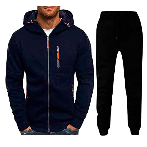 Trainingsanzug Herren Sale, Hausanzug Herren Jogginganzug Einfarbig Lang Sportanzug Casual Warm Hausanzug Für Männer Mit Langarm Reißverschluss Jogginganzug Herren Set 2 Teiler Herren Sommer(Marine,L) von LUNULE