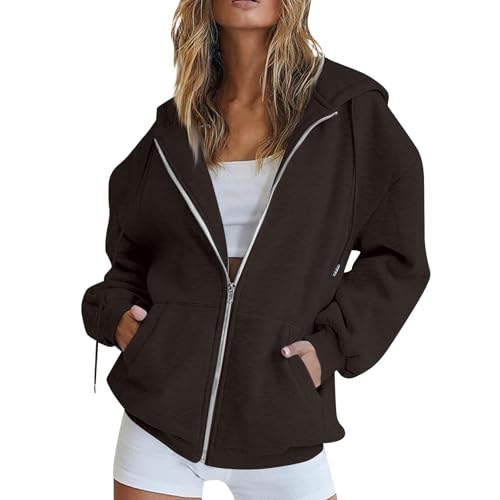 Warehouse Deal, Strickjacken Für Damen Strickjacke Damen Sommer Einfarbig Full Zip Sweatshirt Jacke Mit Kapuze Casual Leicht Langarm Kapuzenjacke Fleecepullover Damen Jacke Damen Sommer(Coffee,S) von LUNULE