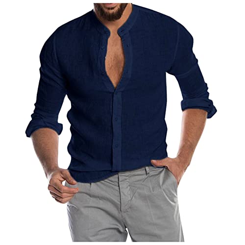 Warehouse Deal Retourenware, Leinenhemd Herren Langarm Herren Hemd Weiss Einfarbig Baumwolle Leinen Shirts Mit Knöpfen Regular Fit Basic Freizeithemd Bügelfreie Hemden Herren (Marine,XL) von LUNULE