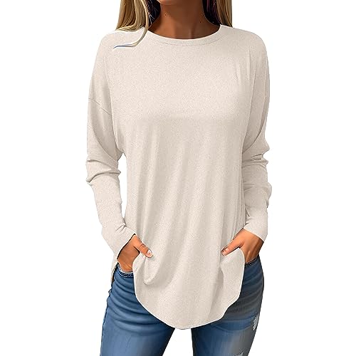 Warehouse Deals Angebote, Blusen & Tuniken Für Damen Damen Shirts Sommer Einfarbig Rundhals Langarm Pullover Tshirt Locker Casual Basic T-Shirts Leicht Oversize Bluse Damen Long (Beige,XL) von LUNULE