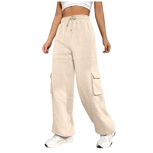 Warehouse Deals Angebote, Leinenhose Damen Sportanzug Damen Leicht Sporthose Mit Taschen Elastische Taille Sweathose Workout Laufenhose Weite Sommerhose Damen Trainingshose Damen Lang(Beige,XL) von LUNULE