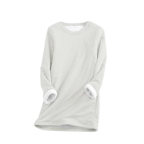 Warehouse Deals Angebote, Longpullover Für Damen Einfarbig Langarm Teddy Fleece Sweatshirt Warmer Plüsch Gefütterte Pulli Ohne Kapuze Casual Rundhals Damenpullover Langarm Damen (Light Gray,XXL) von LUNULE