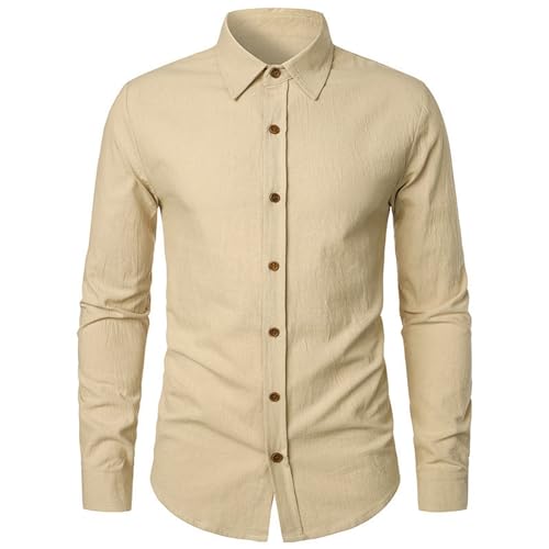 Warehouse Deals Angebote, Shirt Langarm Herren Hemd Oktoberfest Herren Einfarbig Baumwolle Leinen Hemd Mit Knöpfen Slim Fit Freizeithemd Casual Langarmshirt Herren Baumwolle Fitness (Khaki,L) von LUNULE