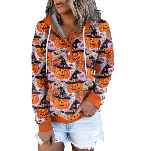 Warehouse Deals Angebote, Sweatshirt Damen Damen Sweatjacke Halloween Fledermaus Drucken Knöpfen Pullover Mit Kapuze Outdoor Langarm Kapuzenpullover Hoodie Jacke Damen Lange Oberteile (Saffron,Xxl) von LUNULE