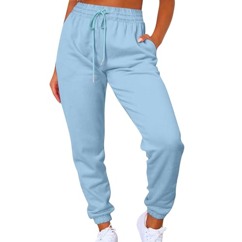 Warehouse Deals Angebote B Ware, Leggins Damen Schwarz Leggings Damen Baumwolle Einfarbig Baggy Hose Sporthose Mit Taschen High Waist Hosen Leichte Basic Sweathose Thermo Hose (Light Blue,M) von LUNULE