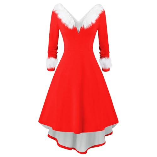 Warehouse Deals Angebote B Ware, Partykleid Damen Kleid Langarm Damen Weihnachten Einfarbig Langarm Midikleid Elegant Plüsch V-Ausschnitt Partykleid Herbst Kleider Damen Festliches (Vermilion,3Xl) von LUNULE