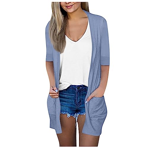 Warehouse Deals Angebote B Ware, Strickjacken Für Damen Lang Sommer Strickjacke Damen Leicht Einfarbig 3/4 Ärmel Cardigan Mit Taschen Casual Locker Open Front Outwear Cardigan (Hellblau,L) von LUNULE