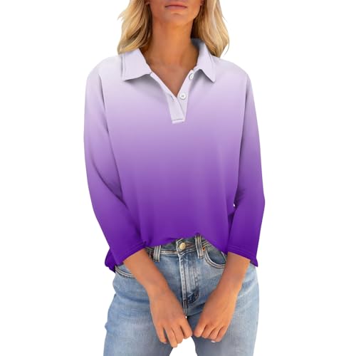 Warehouse Deals Angebote B Ware, T Shirt Damen Tshirt Damen Schwarz Bedruckte Button Down Revers 3/4 Ärmel Poloshirt Casual Golf Tennis Polohemd Ausgefallene Tshirts Damen Oversize Shirt(Purple,3Xl) von LUNULE