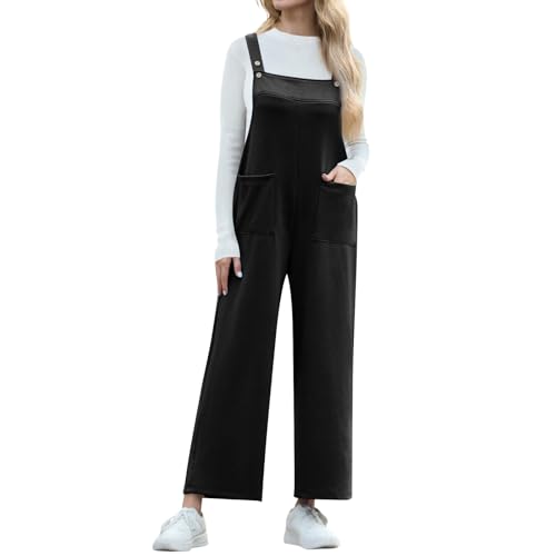 Warehouse Deals Angebote Rückläufer, Hausanzug Damen Kuschelig Sportanzug Damen Einfarbig Ärmellos Lang Overalls Frauen Verstellbar Schultergurte Jumpsuits Einteiler Damen Kuschelig (Schwarz,S) von LUNULE