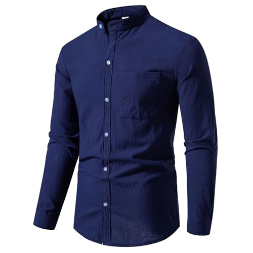 Warehouse Deals Angebote Rückläufer, Hemd Herren Langarm Hemd Weiss Herren Einfarbig Baumwolle Leinen Hemden Mit Knöpfen Und Tasche Slim Fit Stehkragen Outdoor Hemd Herren Hemd Langarm(Marine,XL) von LUNULE