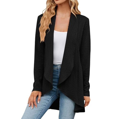 Warehouse Deals Angebote Rückläufer, Sommerjacke Damen Leicht Sommer Jacke Damen Einfarbig Zopfmuster Wasserfall Cardigan Frauen Langarm Open Front Outwear Damen Cardigan Sommer (Schwarz,XL) von LUNULE