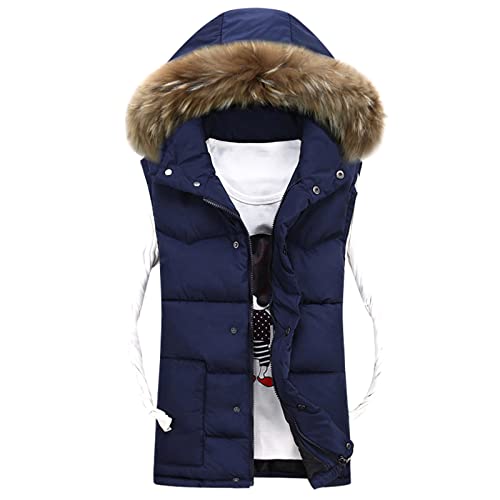 Winter Weste Herren LUNULE einfarbig Stehkragen Steppweste mit Abnehmbare Fell-Kapuze Männer Bodywarmer Sportweste Outdoor Freizeitjacke Leicht Übergangsjacke Vest Ärmellose Puffer Jacket Kapuzenweste von LUNULE