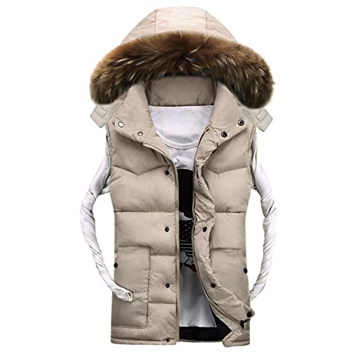 Winter Weste Herren LUNULE einfarbig Stehkragen Steppweste mit Abnehmbare Fell-Kapuze Männer Bodywarmer Sportweste Outdoor Freizeitjacke Leicht Übergangsjacke Vest Ärmellose Puffer Jacket Kapuzenweste von LUNULE