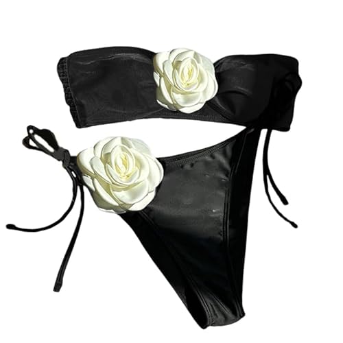 LUOFENG Damen 3D Blumen Bandeau Badeanzug Trägerloses Set 2-teilige Badebekleidung Damen Badeanzug Mit Schnürung Strandmode von LUOFENG