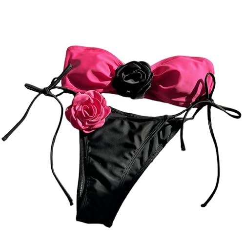 LUOFENG Damen 3D Blumen Bandeau Badeanzug Trägerloses Set 2-teilige Badebekleidung Damen Badeanzug Mit Schnürung Strandmode von LUOFENG