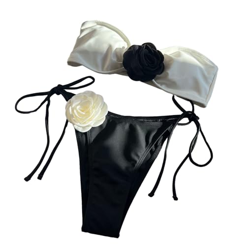 LUOFENG Damen 3D Blumen Bandeau Badeanzug Trägerloses Set 2-teilige Badebekleidung Damen Badeanzug Mit Schnürung Strandmode von LUOFENG