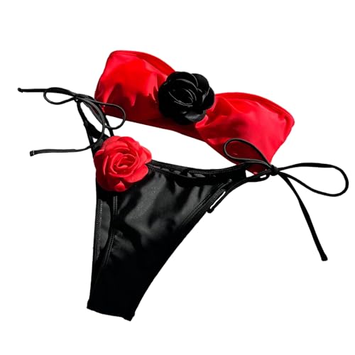 LUOFENG Damen 3D Blumen Bandeau Badeanzug Trägerloses Set 2-teilige Badebekleidung Damen Badeanzug Mit Schnürung Strandmode von LUOFENG