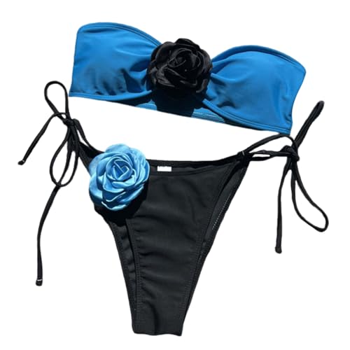 LUOFENG Damen 3D Blumen Bandeau Badeanzug Trägerloses Set 2-teilige Badebekleidung Damen Badeanzug Mit Schnürung Strandmode von LUOFENG