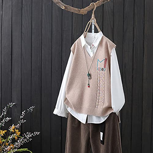 LUOY Pullunder Damen,Damen Strickpullover Weste Vintage Buchstabe Jacquard Bunte Zopfmuster V-Ausschnitt Herbst Winter Warm Ärmellos Pullover Westen Pullover Stricken Tank Top Cami Weste Bluse,Khaki von LUOY