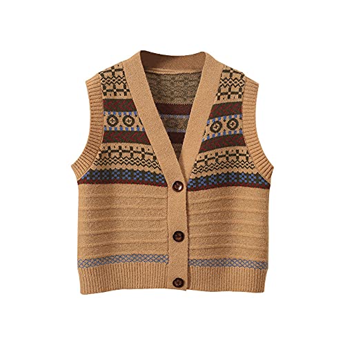 LUOY Sweater Vest,Frauen Strickwesten Vintage Ethnische Muster Streifen Spleißen V-Ausschnitt Herbst Winter Ärmellose Knopf Strickjacke Pullover Tank Top Damen Fancy Cami Weste Bluse,Khaki,XL von LUOY