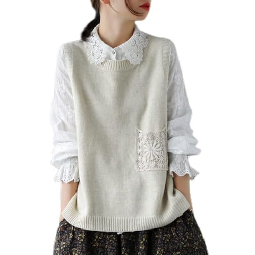 Pullunder Damen Ärmellos,Damen Strickpullover Weste Casual Einfarbig Spitze Stickerei Tasche Rundhals Herbst Lose Ärmellose Pullover Gilets Pullover Stricken Tank Top Cami Weste Bluse,Beige Pullunder Damen Ärmellos,Damen Strickpullover Weste Casual Einfarbig Spitze Stickerei Tasche Rundhals Herbst Lose Ärmellose Pullover Gilets Pullover Stricken Tank Top Cami Weste Bluse,Beige von LUOY