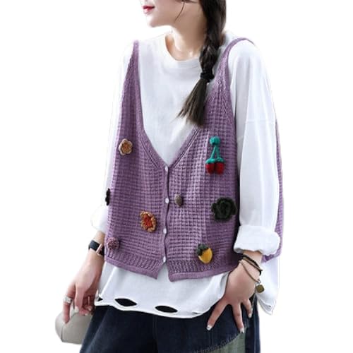Pullunder Für Damen,Frauen Strickwesten Casual Nette Blumen Und Früchte Dekoration Baumwolle Kurzer V-Ausschnitt Herbst Lose Ärmellose Knöpfe Strickjacke Pullover Tank Top Cami Weste Bluse,Lila Pullunder Für Damen,Frauen Strickwesten Casual Nette Blumen Und Früchte Dekoration Baumwolle Kurzer V-Ausschnitt Herbst Lose Ärmellose Knöpfe Strickjacke Pullover Tank Top Cami Weste Bluse,Lila von LUOY