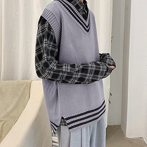 Strickweste Herren Ärmellos,Herren Strickwesten Mode Lose Preppy Style Paare Graue Streifen V-Ausschnitt Herbst Winter Warm Ärmellos Strick Pullover Weste Pullover Weste Stricken Tank Tops Bluse,XL von LUOY